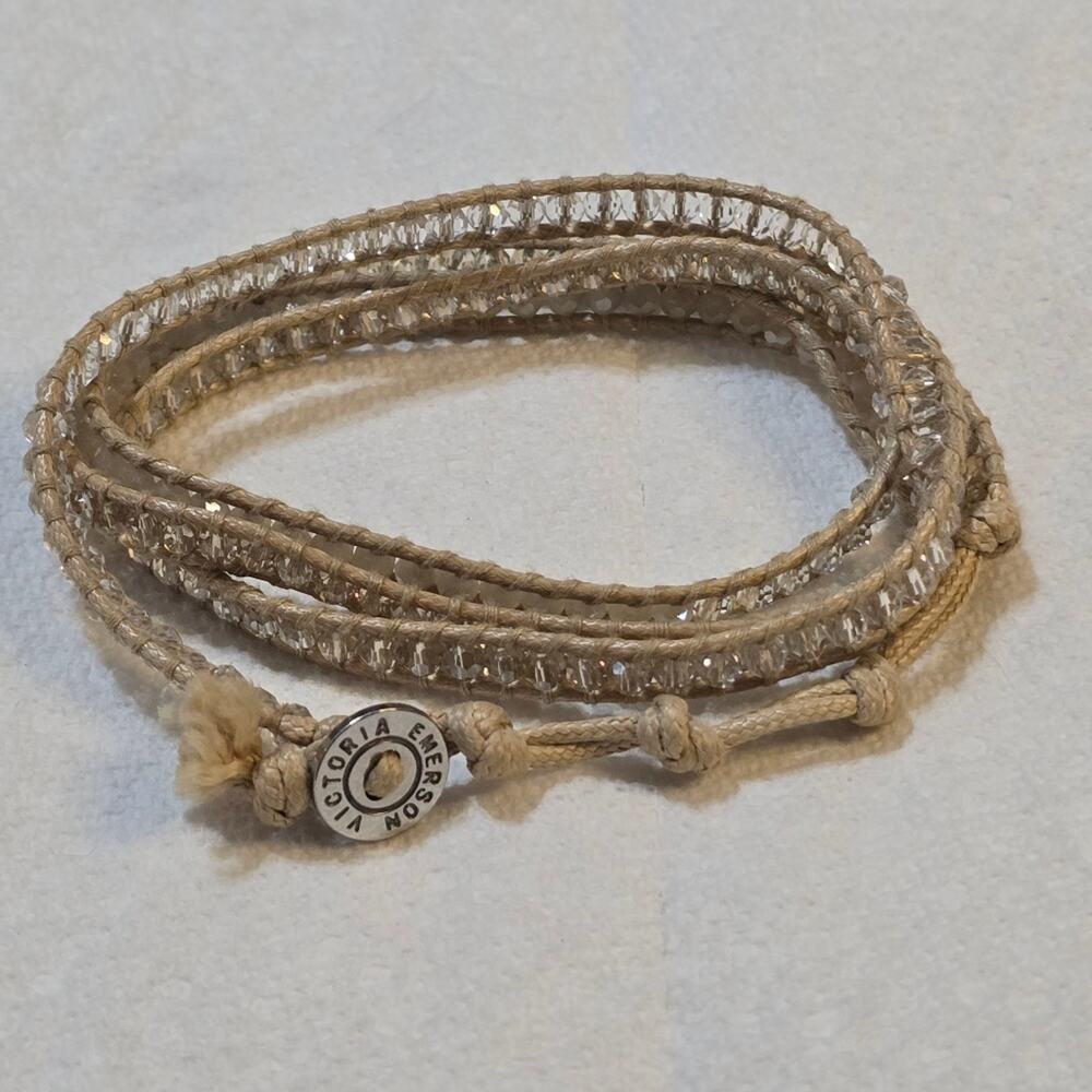 Victoria Emerson‎ Tan Leather and Crystal Wrap Bracelet New